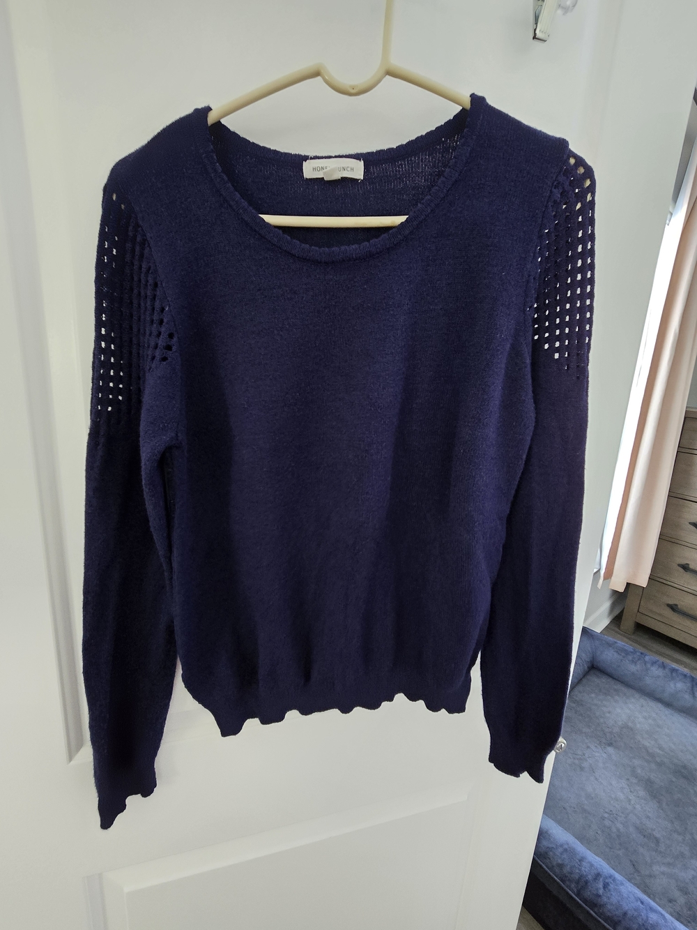 Navy Blue Open-Knit Shoulder Sweater